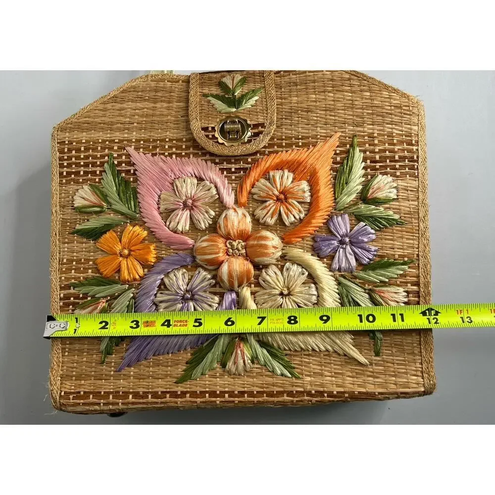 Vtg Straw Raffia Handbag Purse Bags by Whidby Embroidered Flowers Philippines